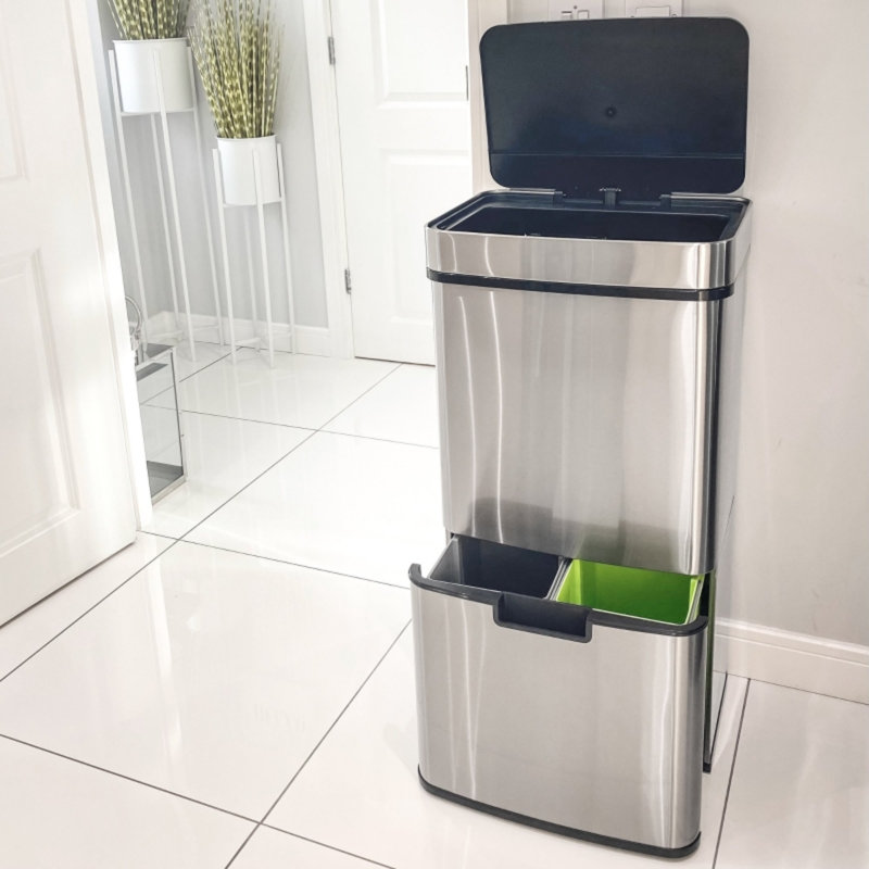 72 Liter 3 Compartment Stainless Steel Sensor Waste and Recycling Bin with Removable Lid for Kitchen and Home Use