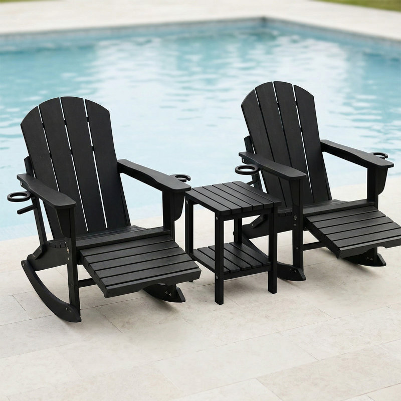Rocking Outdoor Adirondack Chair Set with Ottoman & Patio Side Table, Black