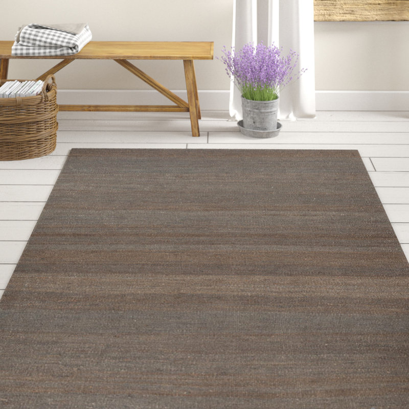 Tapis gris rayé tissé à plat à la main Evalyn, Rectangle 5 pi x 7 pi 6 po
