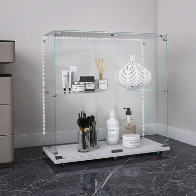 Tempered Glass Display Cabinet,Wine Cabinet,Storage Cabinet,File Cabinet,With Bluetooth LED Light Strip,Lockable Swivel Casters,Suitable For Uneven Ground,Can Be Placed Anywhere,Color:White