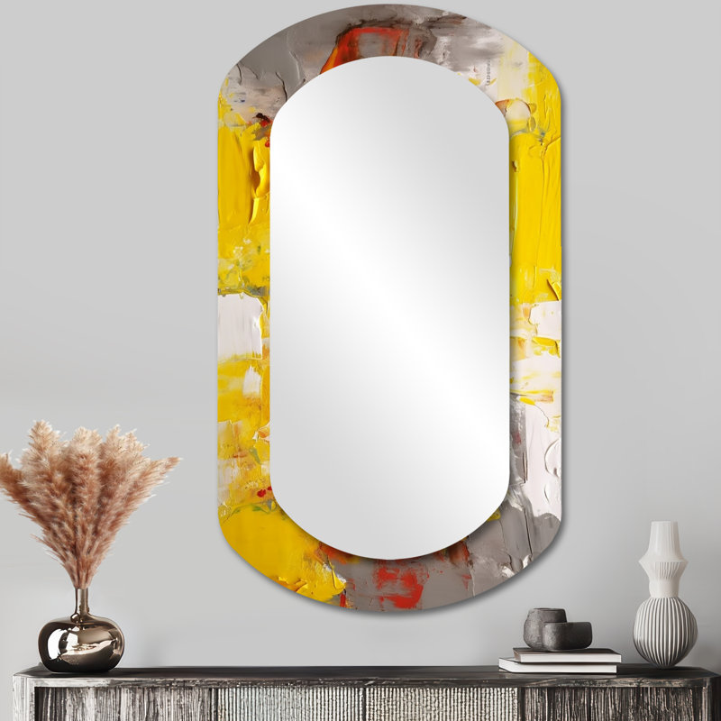 Joyful Chaos In Yellow And Gray - Abstract Collages Cylinder Unique Wall Mirror, Modern Asymmetrical Mirror, Printed Metal Art