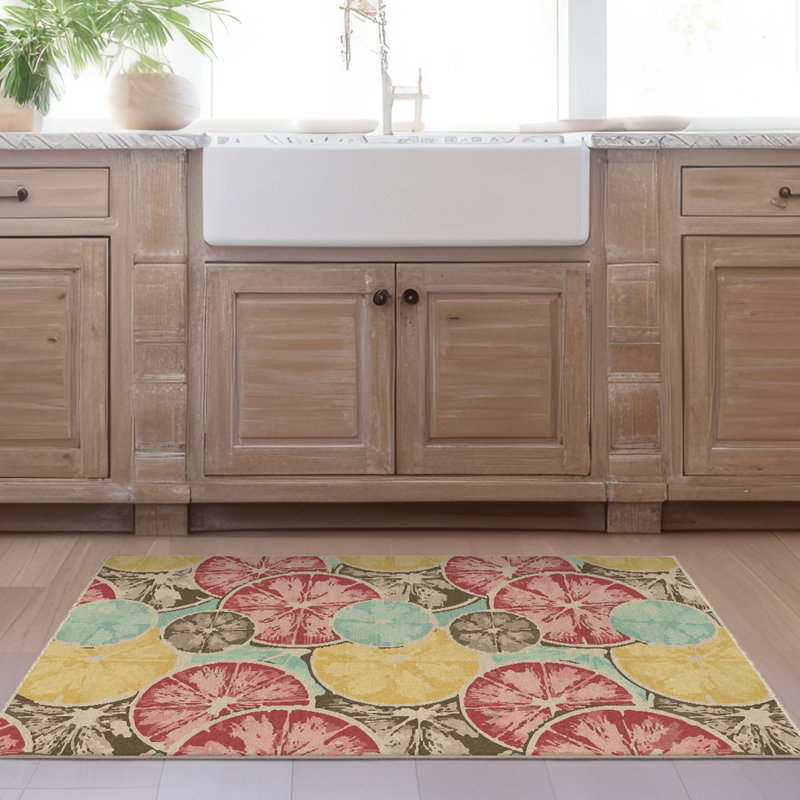 Tapis d'entrée de cuisine contemporain antidérapant et lavable à la machine Citrus Burst - 3 pi x 5 pi