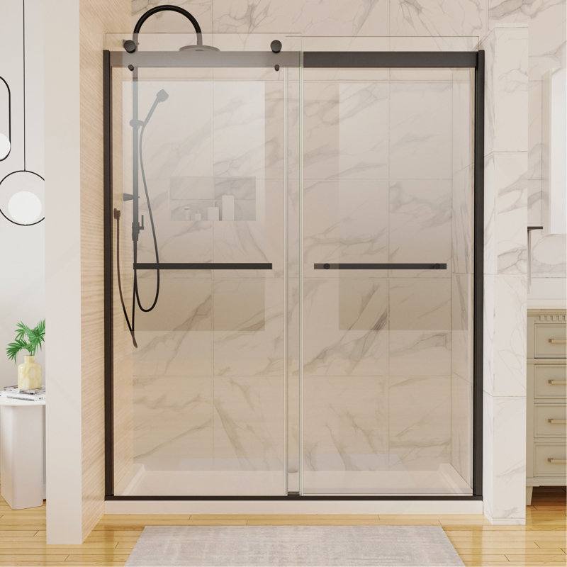 Porte de douche l 60 po x H 74 po en noir mat avec verre transparent de 5/16 po (8 mm)