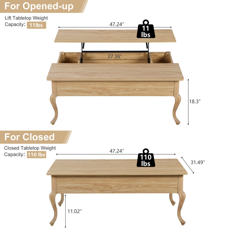 Table basse à plateau relevable avec rangement, Naturel