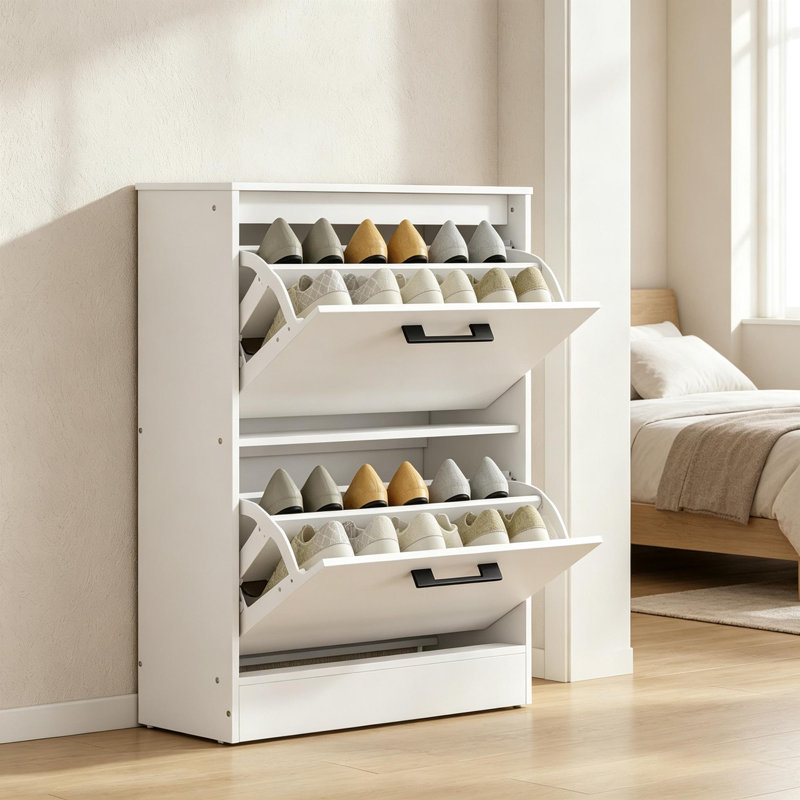 Armoire à chaussures moderne blanche avec 2 tiroirs rabattables et séparateurs réglables, organisateur d'entrée mince pour 12 paires