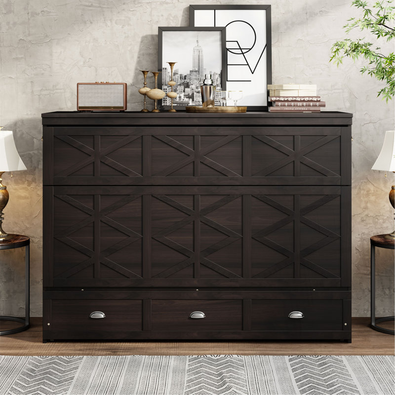 Grand lit escamotable avec grands tiroirs et port USB, Espresso