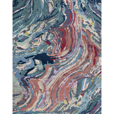 Hand Knotted Abstract Area Rug in Aqua/Silver/Plum