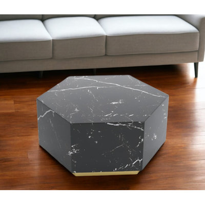  Table basse cylindrique hexagonale 35 po noire et dorée - Bois moderne