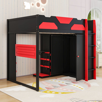 Loft Bed with RGB LED Lights, USB Charging Station, Adjustable Desk, Wardrobe and  Multi-Shelf Storage