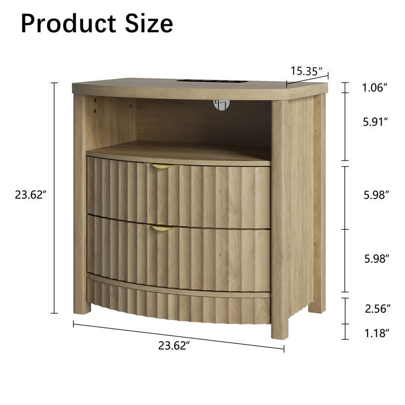 Table de chevet 2 tiroirs avec station de charge et éclairage DEL, Beige