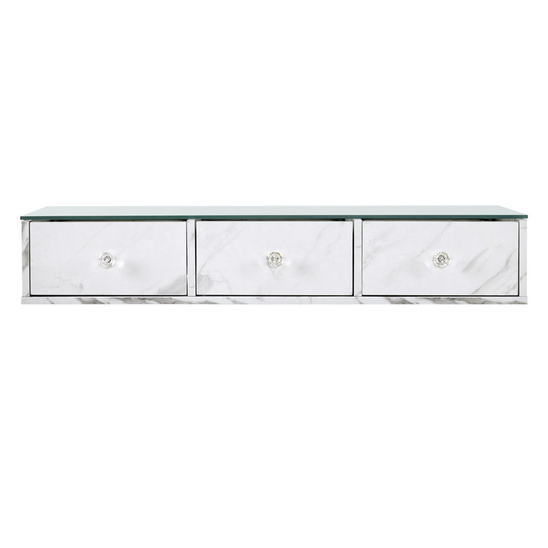 Glass Top Wall Mount Makeup Vanity, Storage Cabinet with 3 Drawers
