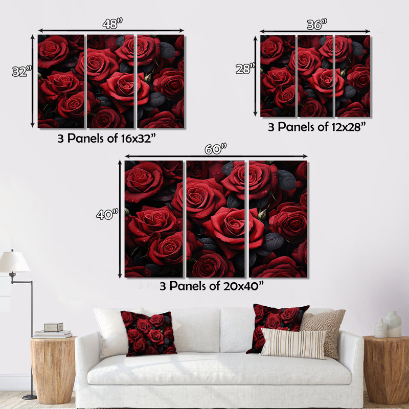 3 pièces, rouge, noir, rose, éternelle, beauté éternelle, H 40 po x l 60 po x P 1 po