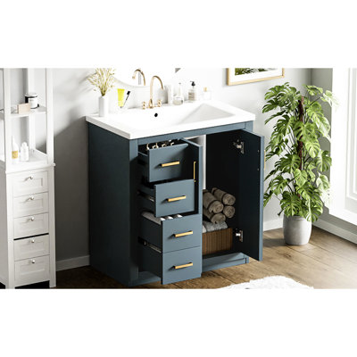 Meuble-lavabo en céramique de 76 cm (30 po) - Structure et panneaux en bois massif, 3 tiroirs spacieux et une armoire de rangement - Bleu - 2 portes - Unité de rangement fonctionnelle
