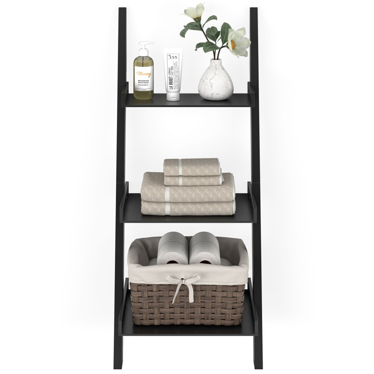 Ballucci 3-Tier Storage Ladder Shelf Bookcase, Wood Leaning Ladder Bookshelf, Black