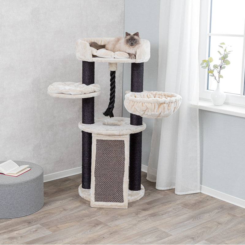 Tour à chat 55,5 po, poteaux à griffer en sisal, arbre à chat avec hamac recouvert de peluche, plate-forme, coussins, noir