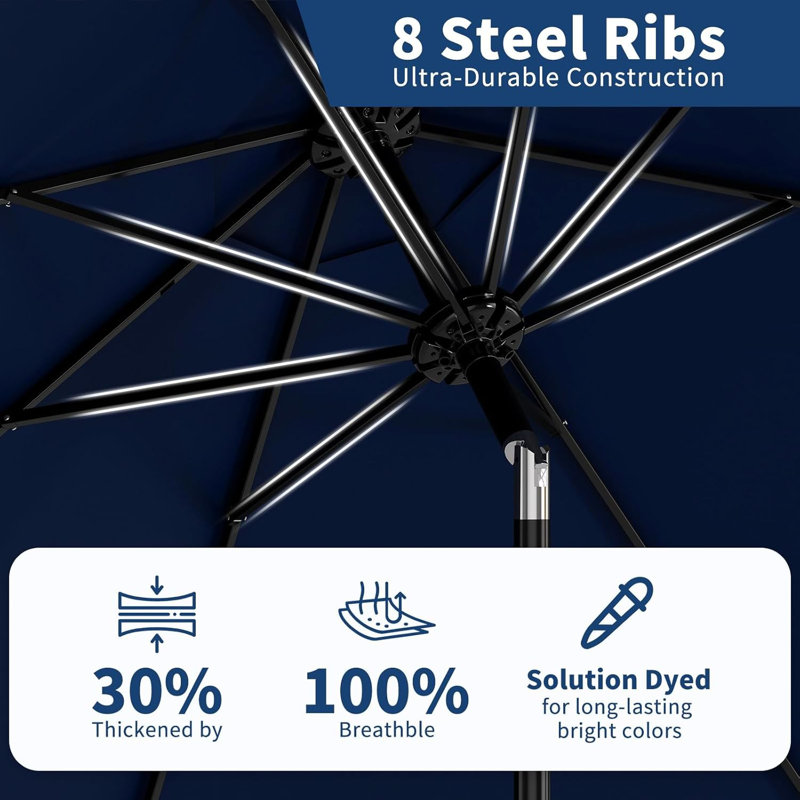 Parasol de patio 10 pi - 8 parasols de table robustes avec manivelle et inclinaison à bouton-poussoir, L 118 po x P 118 po