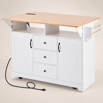 55" Rolling Kitchen Island with 2 Drop Leaves, Power Outlet, 3 Drawers & Storage Cart