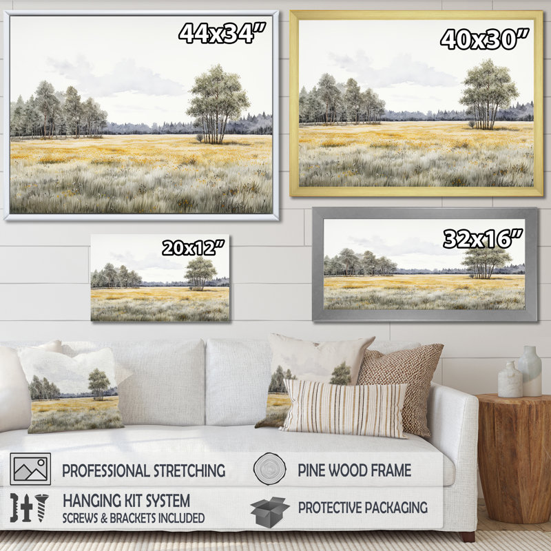 «Meadow Scenery Minimalisme II», reproduction sur toile, Cadre flottant doré, H 30 po x l 40 po x P 1,5 po