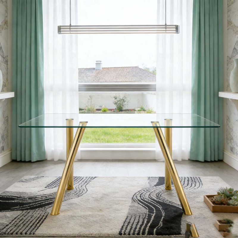 Table de salle à manger 51 pouces en verre trempé avec pieds robustes en métal, Doré