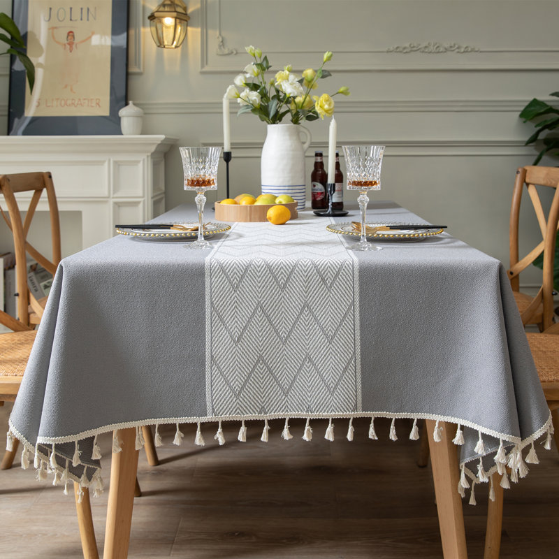 High Quality Rectangle Cotton And Linen Tablecloth With Tassels, Grey
