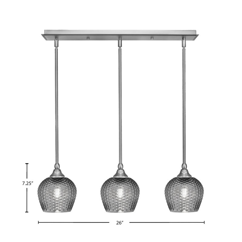 Luminaire suspendu linéaire à 3 lumières 3 lumières, verre texturé fumée 6 ", Nickel brossé, H 7,25 po x l 26 po x P 6 po