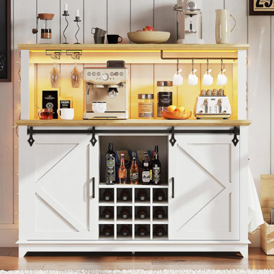 Coffee Bar Cabinet 55", Large Kitchen Hutch with LED Lighting & Built-in Power Outlet, Tall Buffet Cabinet with Barn Sliding Door, Wine Glass Rack & A by Ivy Bronx