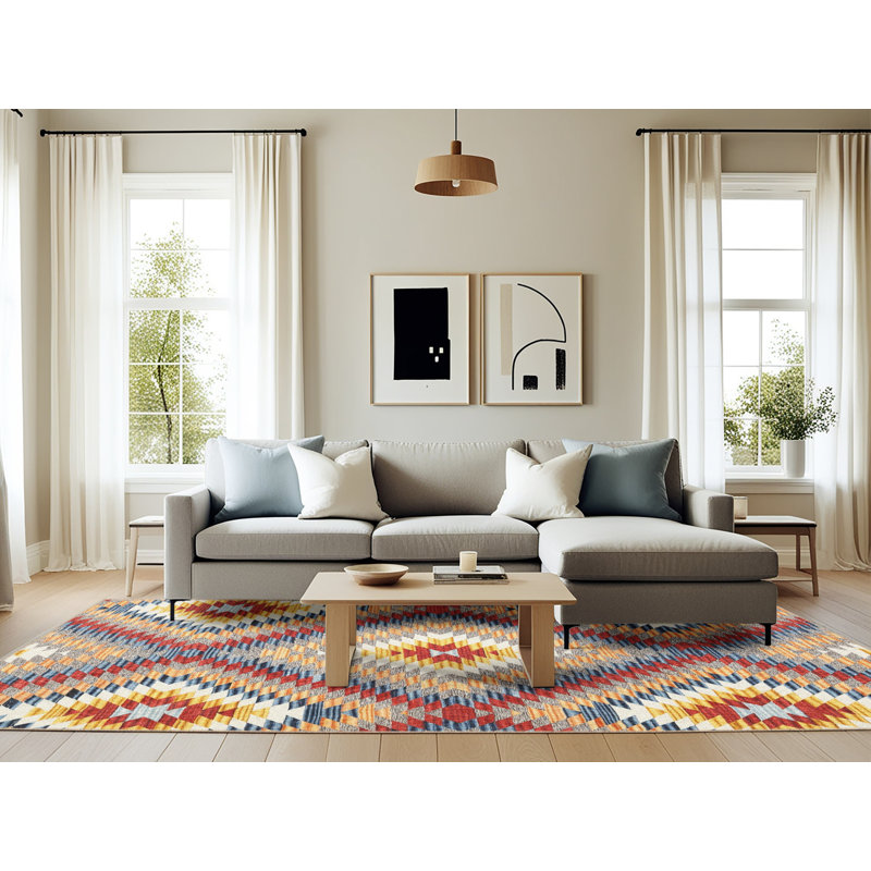 Tapis contemporain rouge / jaune / gris, Rectangle 6 pi x 9 pi