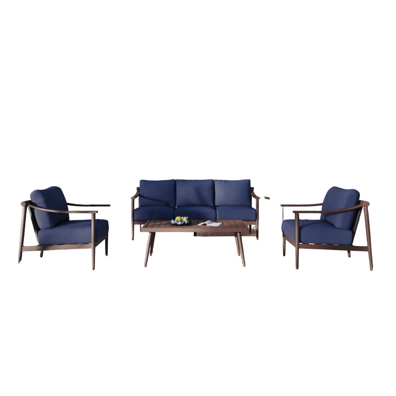 Ensemble de canapé d'extérieur 4 pièces, 2 chaises et table basse Fena, Bleu