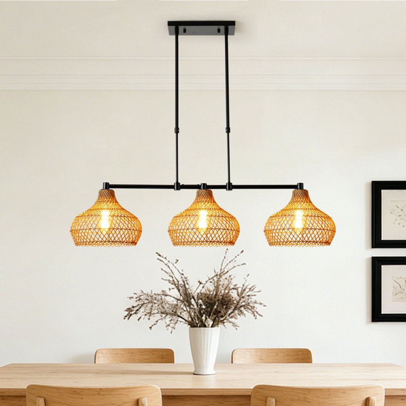 Luminaire suspendu linéaire en îlot de cuisine 3 lumières Rattan Farmhouse Boho