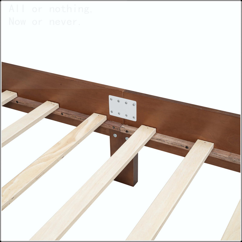 Full Size Wooden Platform Bed with Natural Rattan Headboard and Wooden Slat Support, Walnut, Queen