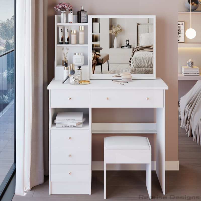 37" Middle Size Left Drawer Desktop Vanity Table and Cushioned Stool, White