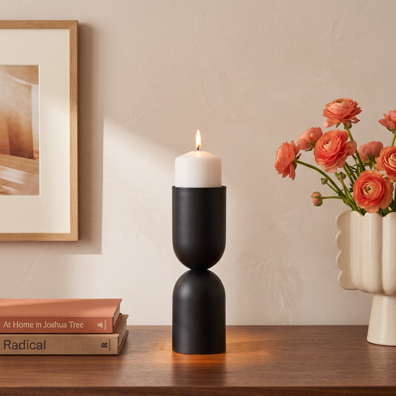 Aldham Short Black Metal Pillar Candle Holder, 11" H x 3.5" W x 3.5" D
