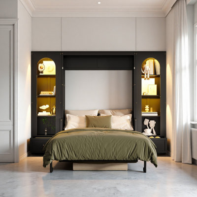 Queen Size Murphy Bed with Cabinets, Drawers and LED Lights