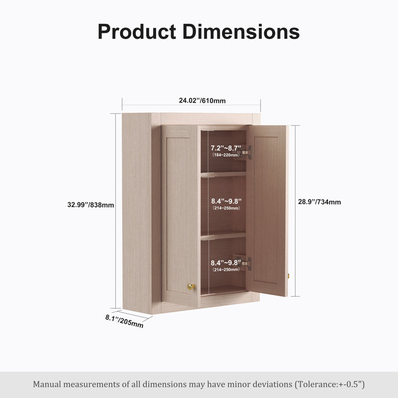 24" Wood Wall Cabinet Bathroom Storage Cabinet Over The Toilet Storage, With Adjustable Shelves