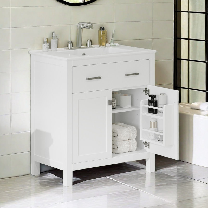 Meuble-lavabo de 30 pouces avec lavabo en céramique, armoire de salle de bain simple moderne avec 2 portes et une tablette, portes à fermeture douce