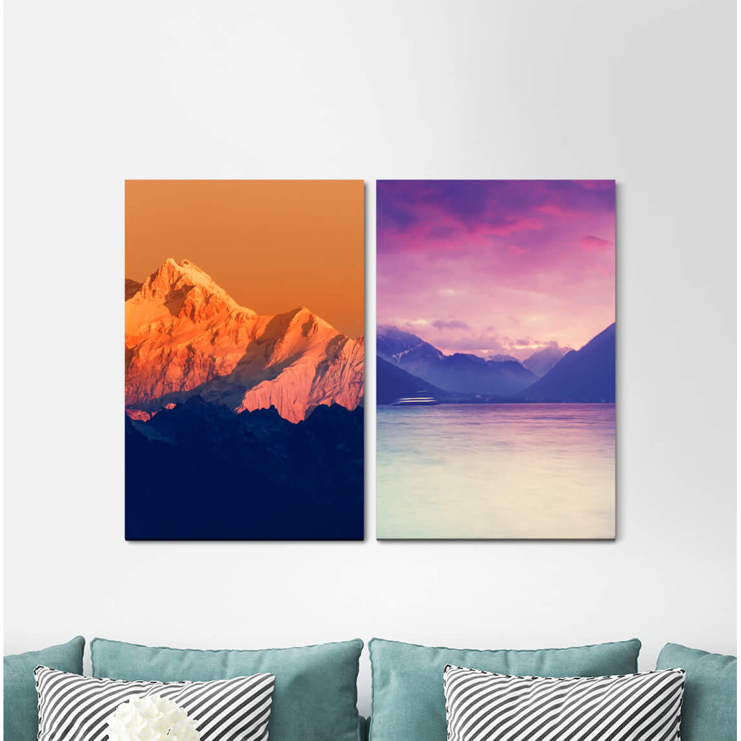 2-tlg. Leinwandbilder-Set - Grafikdruck „Sea Waves Horizon Sunset Evening Glow Freedom Silence”