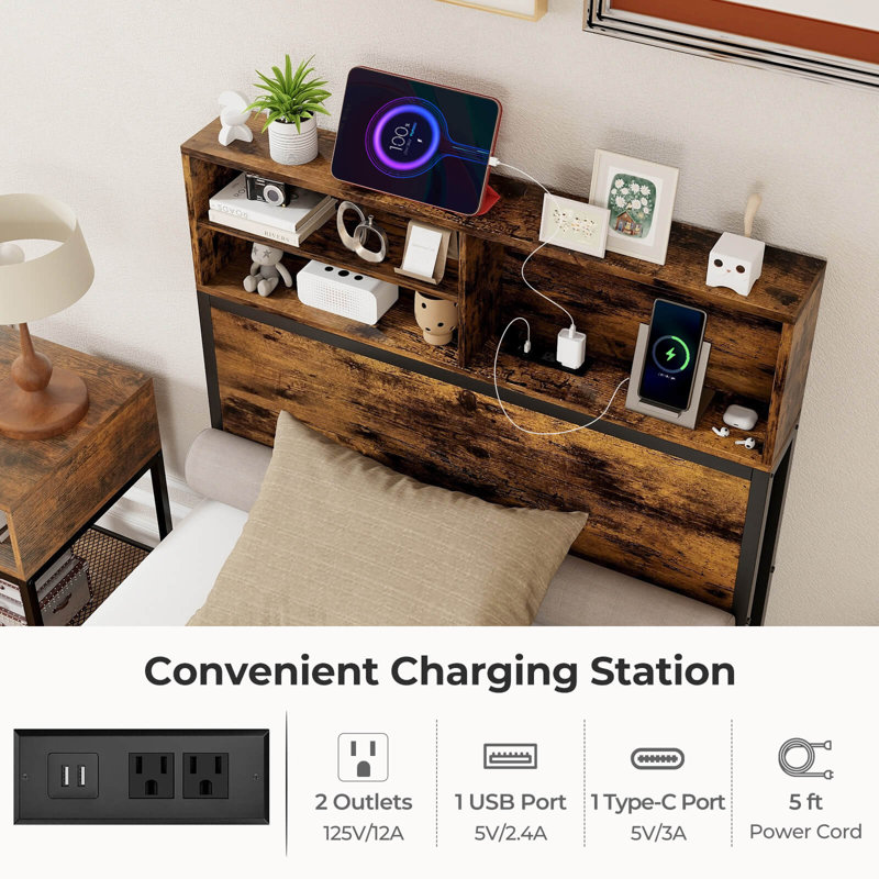 Cadre de lit avec station de charge Tête de lit Espace de rangement sous le lit, Simple