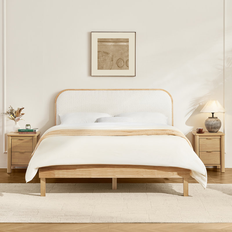 Mid-Century Solid Wood Boucle Upholstered Headboard Bed Frame, Full , Natural