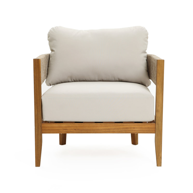 Fauteuil club d'extérieur en bois d'acacia avec côtés en corde et coussins