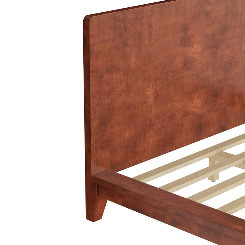 Base de lit plateforme avec tête de lit, support en lattes de bois, Lit double, Brun