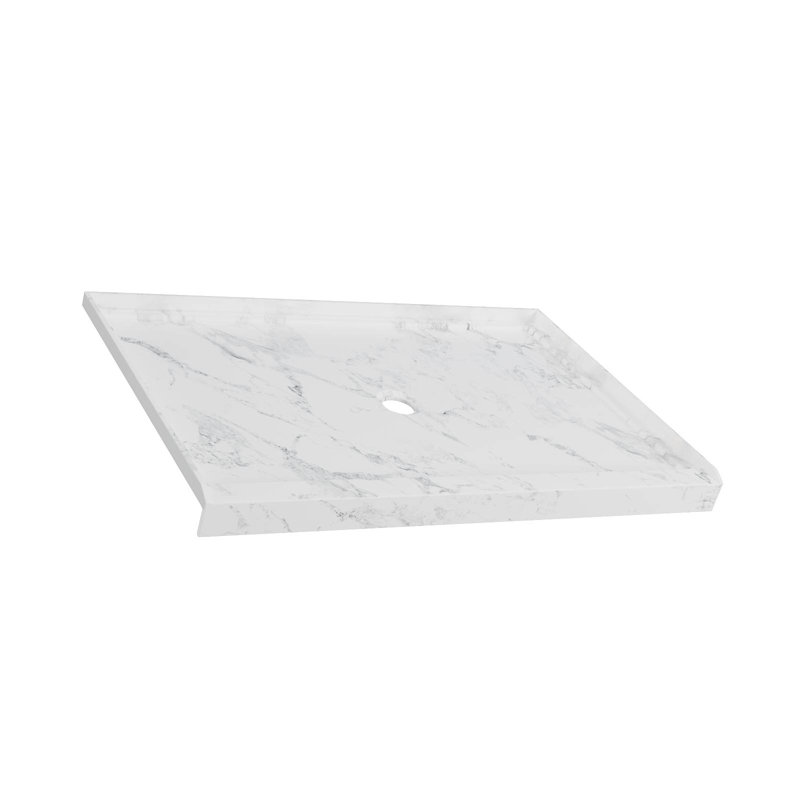 Base de douche 48 po x 32 po en acrylique blanc, seuil simple, bonde centrale, finition antidérapante et résistante aux égratignures