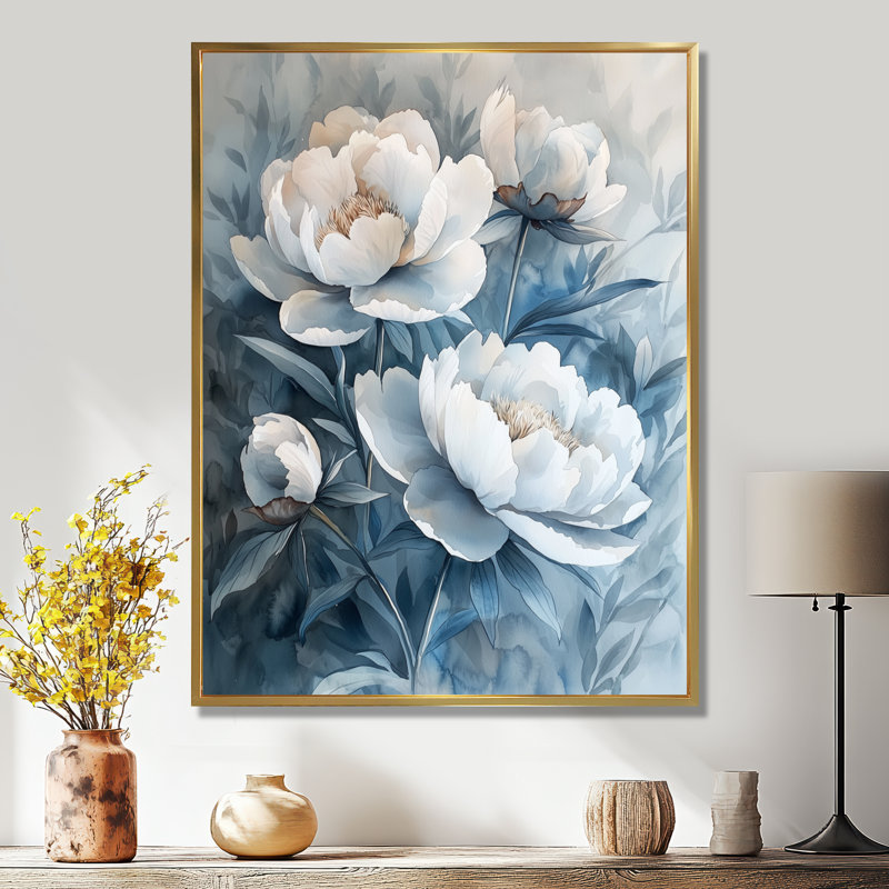 Minimalisme, ombre, pivoines, fleurs I - pivoines, art mural, H 32 po x l 24 po, Reproduction avec cadre flottant, Doré
