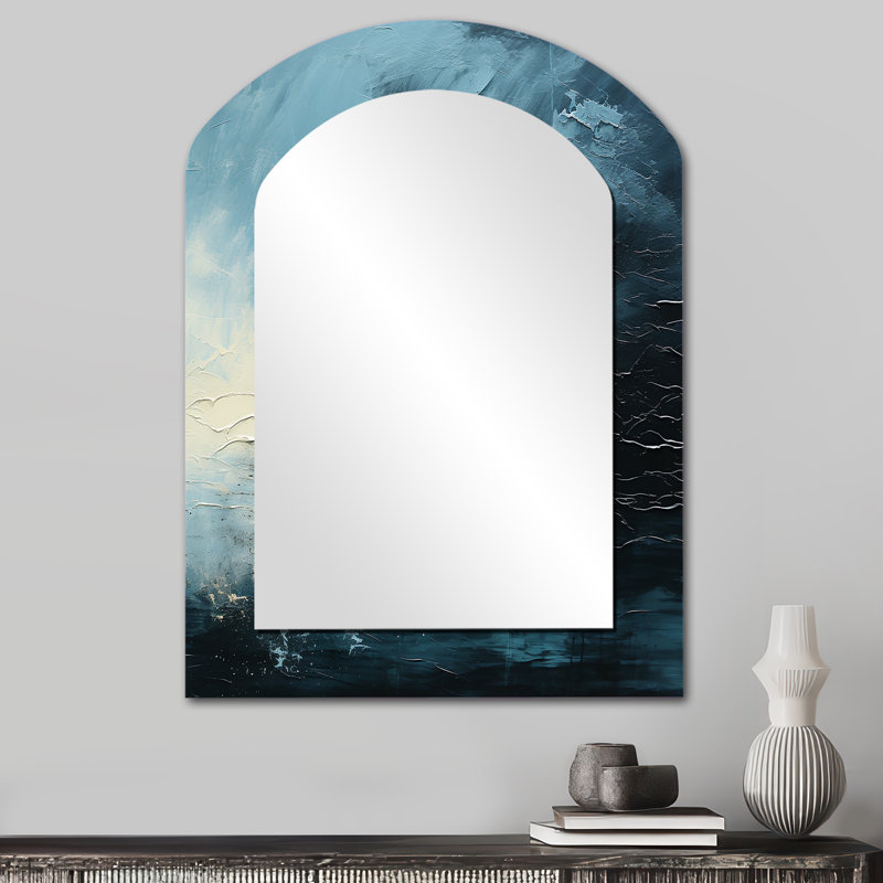 Minimalisme noir et bleu ouragan - grand miroir asymétrique tempêtes, miroir mural décoratif arche traditionnel, impression d'art en métal