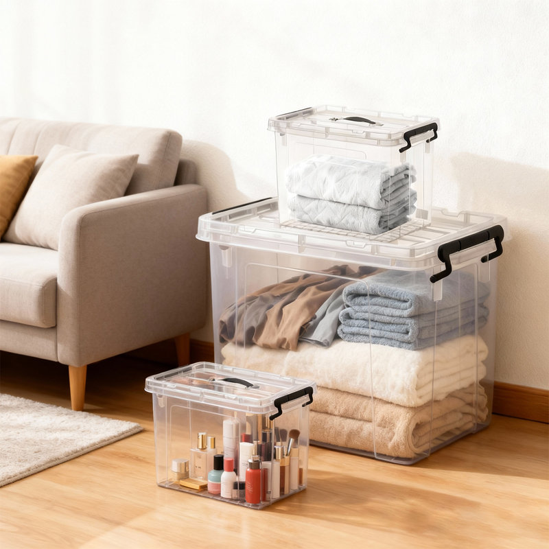 Bacs de rangement transparents avec couvercles, paquet de 4 contenants de rangement en plastique empilables de 90 pintes, bacs de rangement sans BPA avec poignées et loquets de sécurité pour la maison, la salle de bain, la cuisine, le placard
