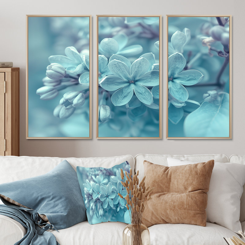 Ensemble de salon art mural lilas bleu et blanc, Toile naturelle avec cadre flottant, H 32 po x l 48 po x P 1 po