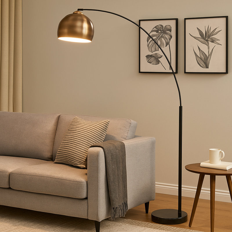 Perlis 68" Arc Floor Lamp with Bell Metal Shade and Solid Marble Base – Antique Brass Shade / Black Marble Base, Black