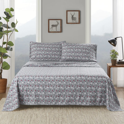 Grey Ski Jump 4 Pcs King Sheet Of 100% Cotton Flannel, Twin/Full Fitted For 12" Mattresses, Queen/King/ 14" Depth Machine Washable With 1 Flat And 2 Pillowcases, Fully Elastic Fit, - Flannel ,