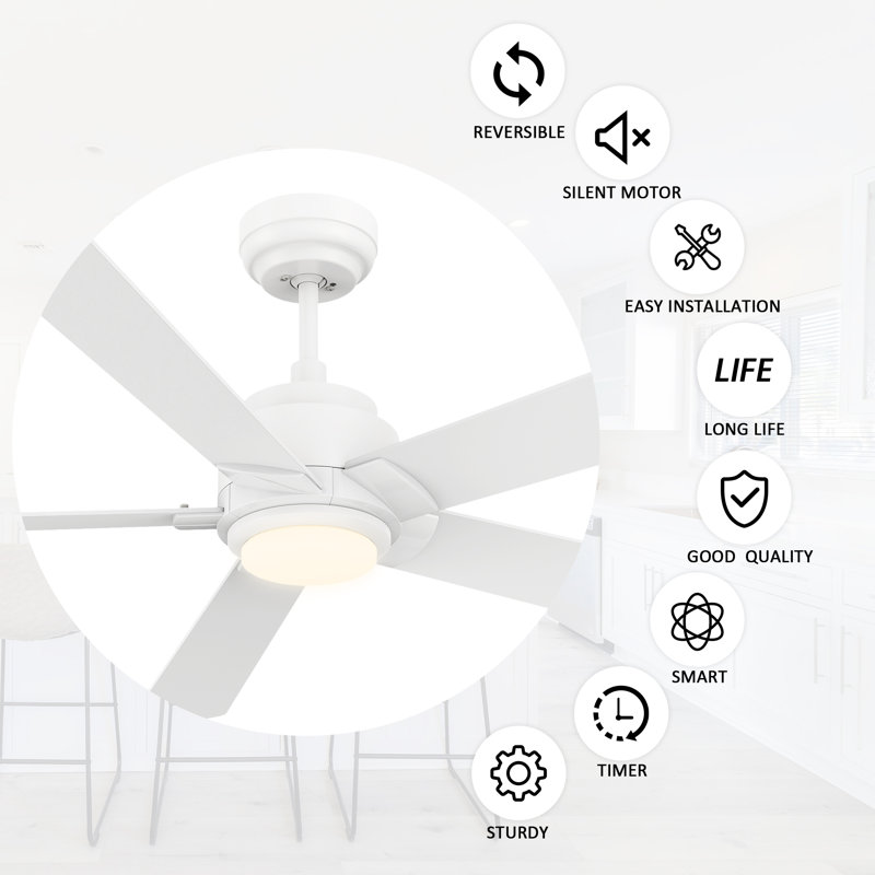 60" 5 - Blade LED Smart Ceiling Fan with Light Kit, White, White