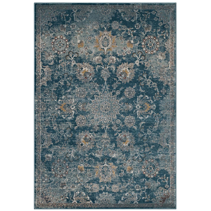 Cynara Distressed Floral Vintage Medallion 5x8 Area Rug in Silver Blue Teal and Beige by Modway, Rectangle 8' x 10'