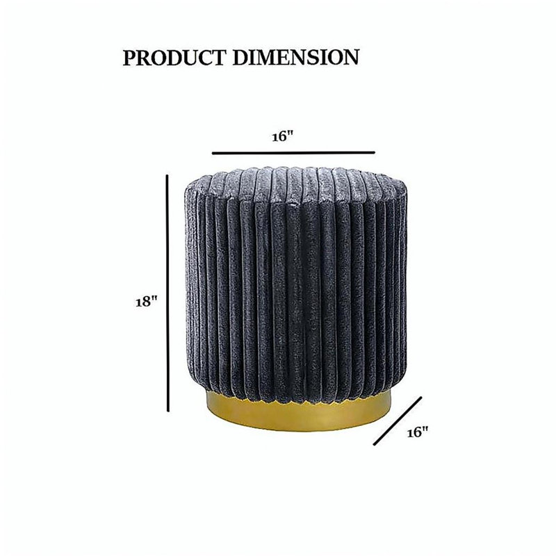 Tabouret décoratif rond à base dorée en tissu de fourrure d'acier inoxydable contemporain gris foncé, Gris foncé